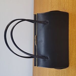 Black Leather Purse Clasp Closure Handbag Leather 50-60's Made In England